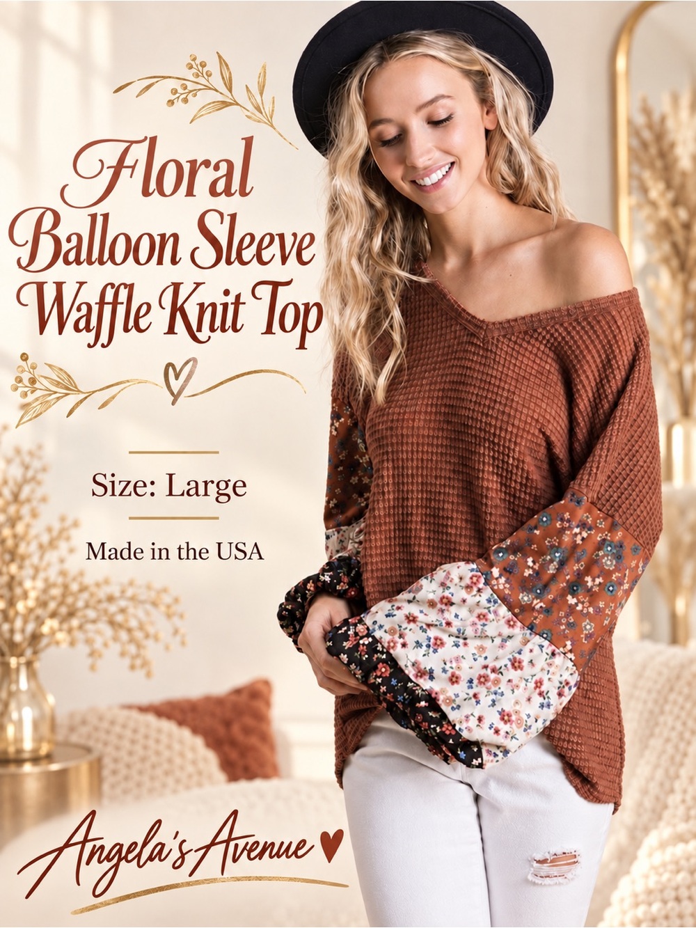 Floral Balloon Sleeve Waffle Knit Top NEW
